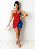 Contrasting color stitching dress summer word wrapped chest sexy wave pleated dress women F142