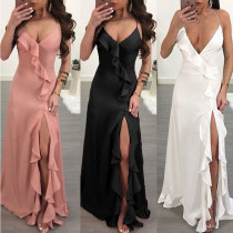 Solid color sexy open back long dress with wooden ears L0172