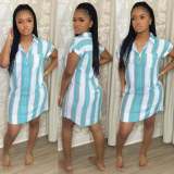 Large size striped polka dot print short sleeve casual shirt short dress L0347
