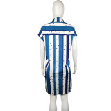 Large size striped polka dot print short sleeve casual shirt short dress L0347