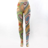 Swirl print stitching slim color trousers Q21PT136