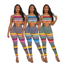 Multicolor Striped Navel Sexy Sling Short Sleeve Suit PH1222