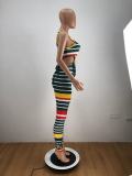Multicolor Striped Navel Sexy Sling Short Sleeve Suit PH1222