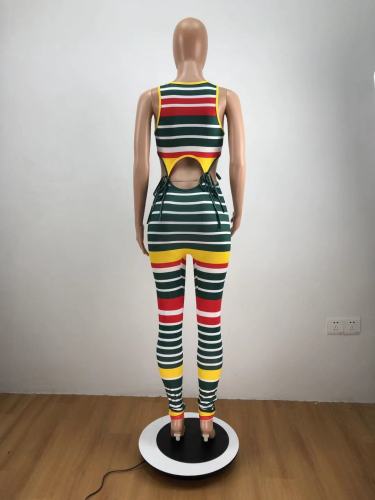 Multicolor Striped Navel Sexy Sling Short Sleeve Suit PH1222