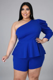 Plus size women's one-shoulder puff sleeve shorts two-piece suit HY005