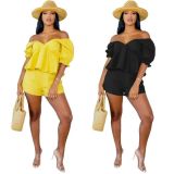 Casual Leaky Shoulder Sexy Solid Color Ruffle Short Sleeve Two-Piece Set L731