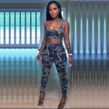 Fashion women's printed chest wrap suspender trousers two-piece suit N6025