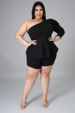 Plus size women's one-shoulder puff sleeve shorts two-piece suit HY005