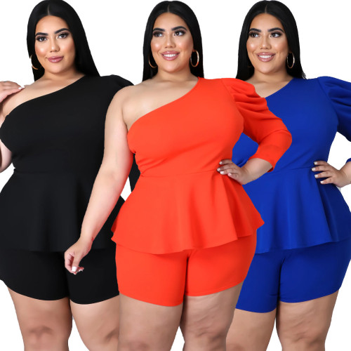 Plus size women's one-shoulder puff sleeve shorts two-piece suit HY005