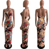 Sexy Printed Slim Hollow Long Skirt Dress L739