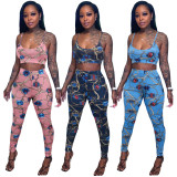 Fashion women's printed chest wrap suspender trousers two-piece suit N6025