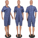 V-neck Printed Denim Pocket Jumpsuit Shorts HY5223