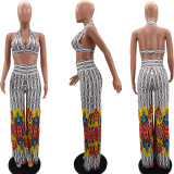 Fashion hanging neck wrapped chest flared pants positioning printing two-piece suit N6021