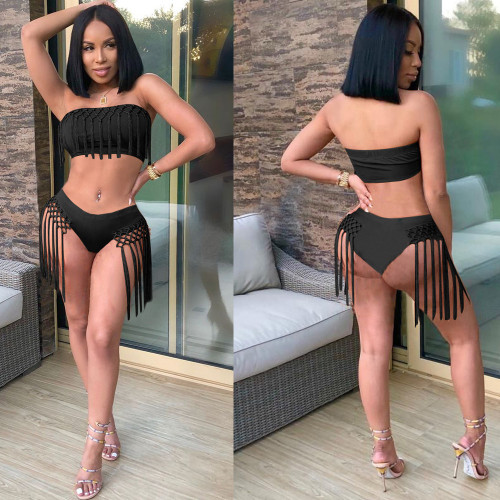 Solid color sexy tassel 2 piece swimsuit OMM1105