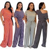Sexy women's loose printed striped jumpsuit cl6042