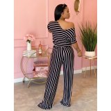Sexy women's loose printed striped jumpsuit cl6042