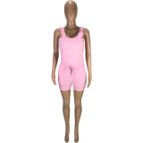 Casual solid color waist tie pocket loose vest jumpsuit shorts SM9171