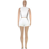 Fashion casual solid color pit strip round neck waist slim slim vest shorts sports two-piece suit SM9179
