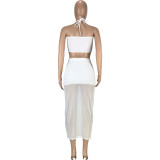 Fashion sexy solid color stitching mesh tube top strap wrap arm long skirt two-piece suit SM9175