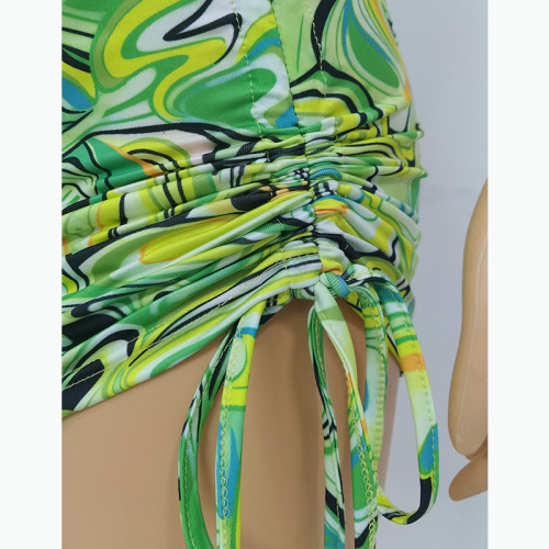 Sexy abstract print short skirt  tie-up vest 2-piece set FFD1119