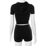 Hooded solid color short-sleeved high-waist shorts casual sports suit A21ST232