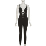 New style stand-up collar fashion V-neck suspender halter sexy skinny jumpsuit K21Q03326