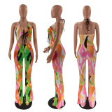 Positioning printed halter wide leg fashion sexy jumpsuit OM1170