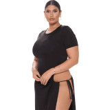 Plus size women's sexy fat lady high slit tie rope dress DN8605