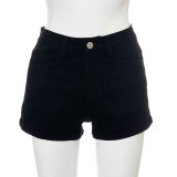 Solid color buckle back strap stretch slim denim shorts A21PT254