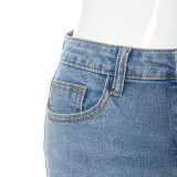 Solid color buckle back strap stretch slim denim shorts A21PT254
