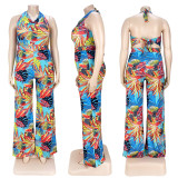 Printed tie V-neck fake two-piece wide-leg jumpsuit AP7037