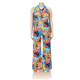 Printed tie V-neck fake two-piece wide-leg jumpsuit AP7037