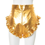 New solid color sexy V-shaped PU leather shorts with wooden ears K21PT256