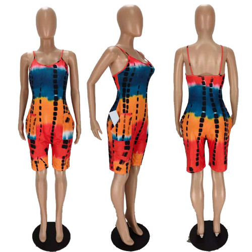 Tie-dye printed loose suspenders jumpsuit MN8360