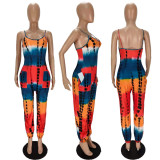 Tie-dye printed loose suspender jumpsuit MN8359