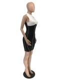 Mid-neck sleeveless short skirt back zipper black and white stitching dress H8937