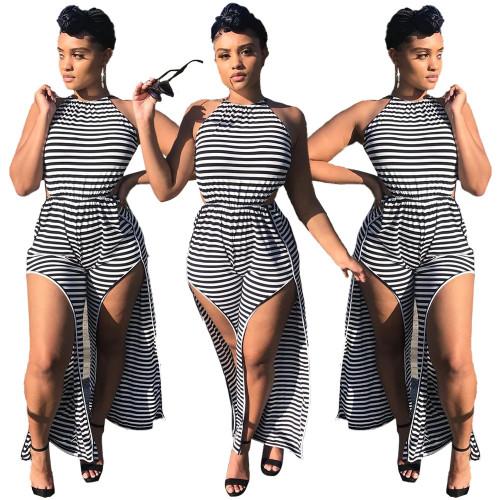 Classic striped jumpsuit with leg slits H8938