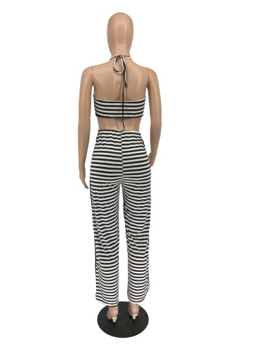Classic striped jumpsuit with leg slits H8938
