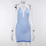 Polo collar contrast color open back wool knit wrap hip dress JY21202DG
