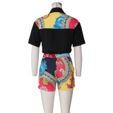Ladies suit fashion stitching printed shirt shorts set G0390