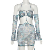 New Fashion Women's Sexy Stitching Hollow Strapless Long Sleeve Halter Dress K21D02270