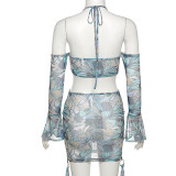 New Fashion Women's Sexy Stitching Hollow Strapless Long Sleeve Halter Dress K21D02270
