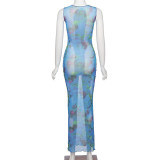 New style long skirt round neck sexy net gauze see-through wood ear slim dress K21D01690