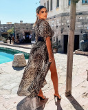 Chiffon Blouse Leopard Print Waist Hollow Lace Swimsuit Blouse Chiffon Long Skirt G0398