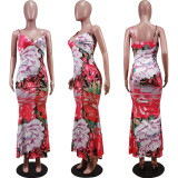 Fashion sexy mid-waist print suspender hip-length skirt dress WY6785