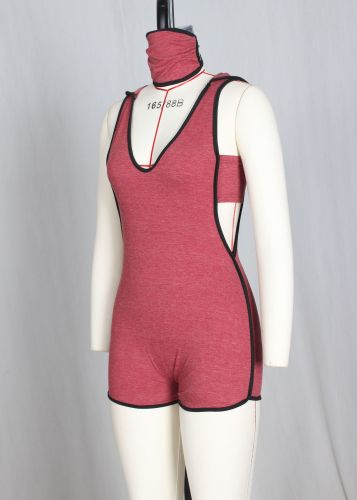 Pure color deep V-neck sleeveless shorts sports jumpsuit cotton + mask G0288