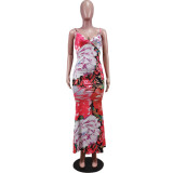 Fashion sexy mid-waist print suspender hip-length skirt dress WY6785