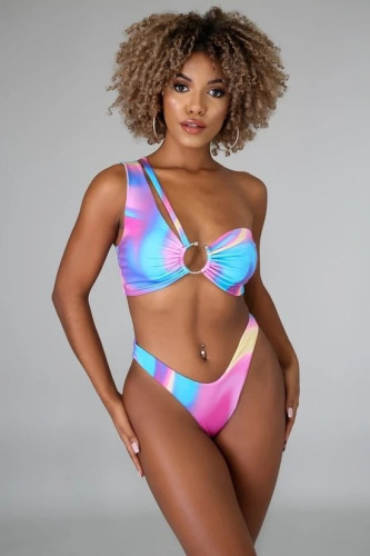 Oversized tie-dye one-shoulder split sexy bikini top Y1321