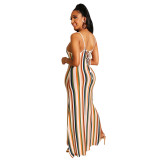 Sexy colorful striped dress, backless strappy nightclub dress F95