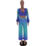 Gradient Printed Lace-up Wrapped Wide Leg Pants Bat Sleeve Two-piece Suit Y1325